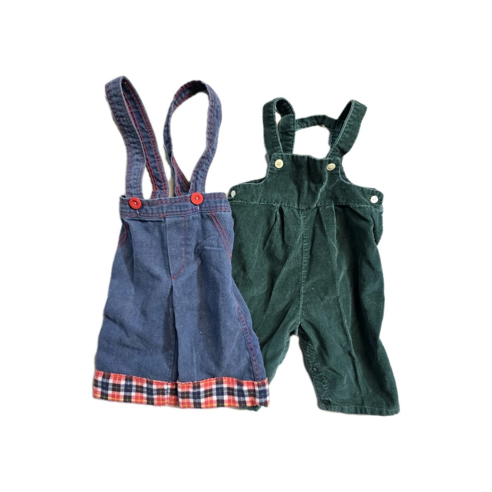 Vintage Boys Overalls Curdoroy Green 6-9 Months Lot Of 2